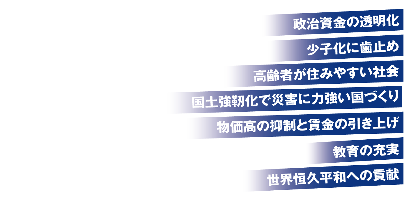 政治とカネの問題にけじめ／コロナ禍の克服と生活・経済の再生へ／子供の健全な育成と全員共同参画社会の構築／防災・減災・国土強靭化の推進／世界恒久平和への貢献／2050年カーボンニュートラルの実現